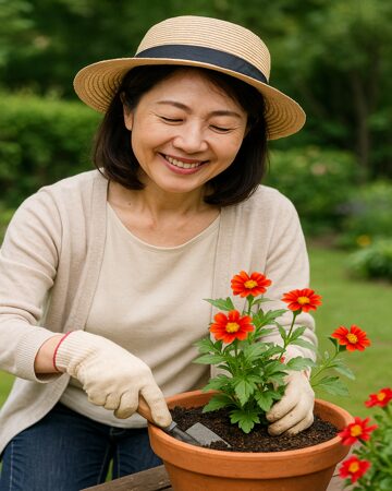 花を植える女性