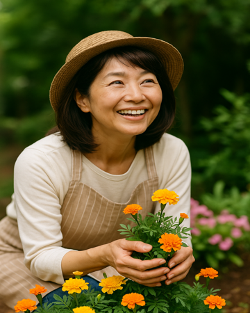 マリーゴールドを植える女性